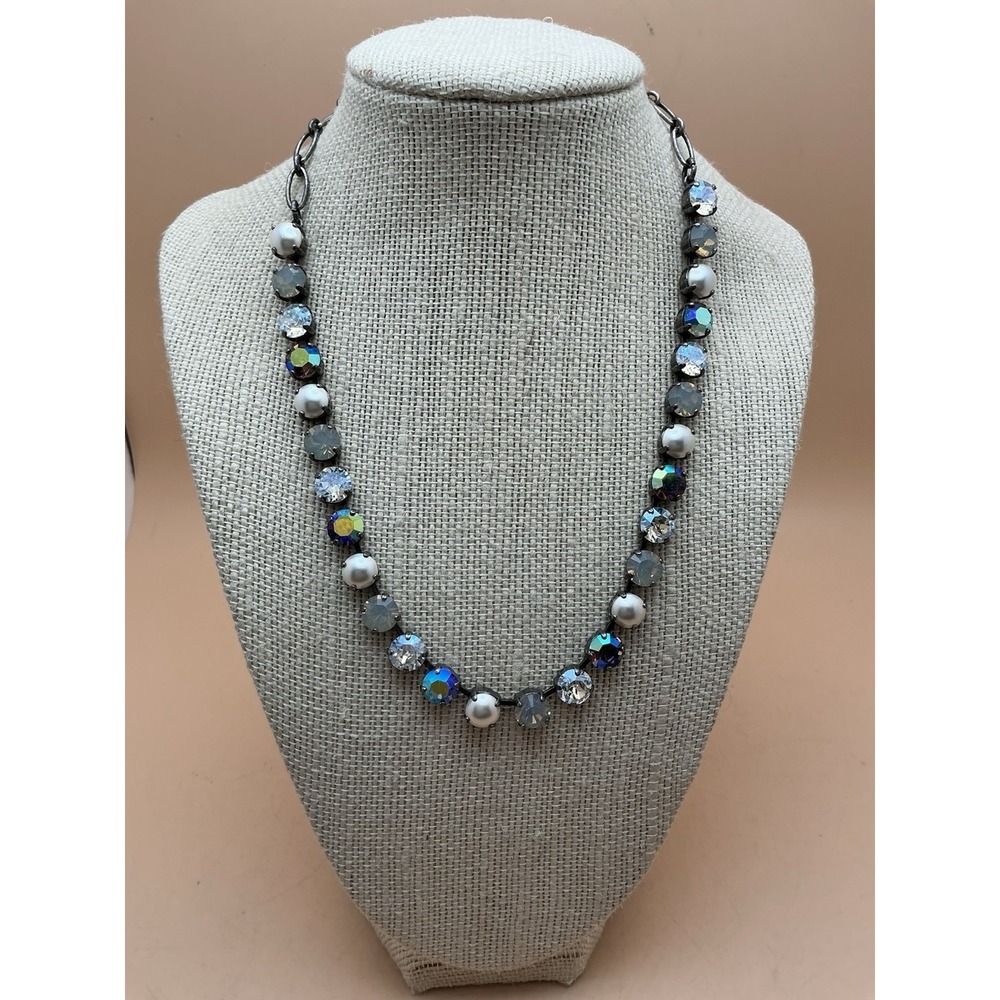 Mariana Gunmetal‎ Necklace w/Iridescent Swarovski Crystals, Faux Pearls 18"